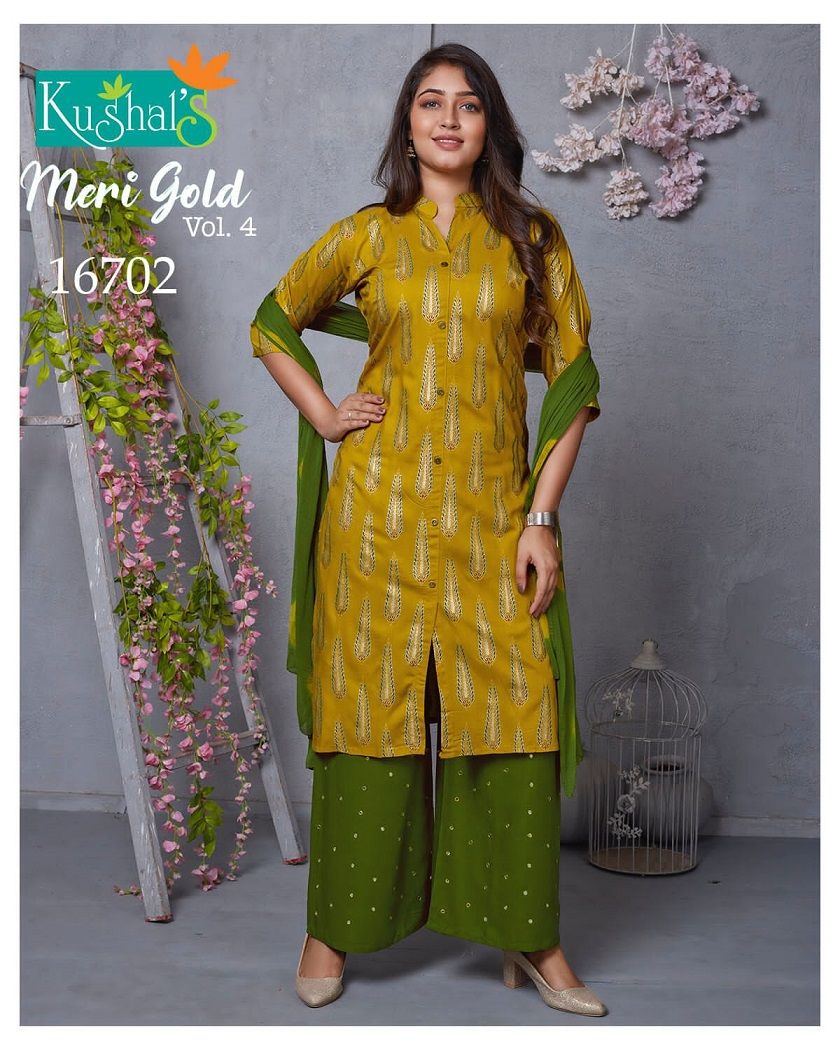 Kushal Meri Gold 4 Kurti With Plazzo And Dupatta Rayon Readymade Dress Collection